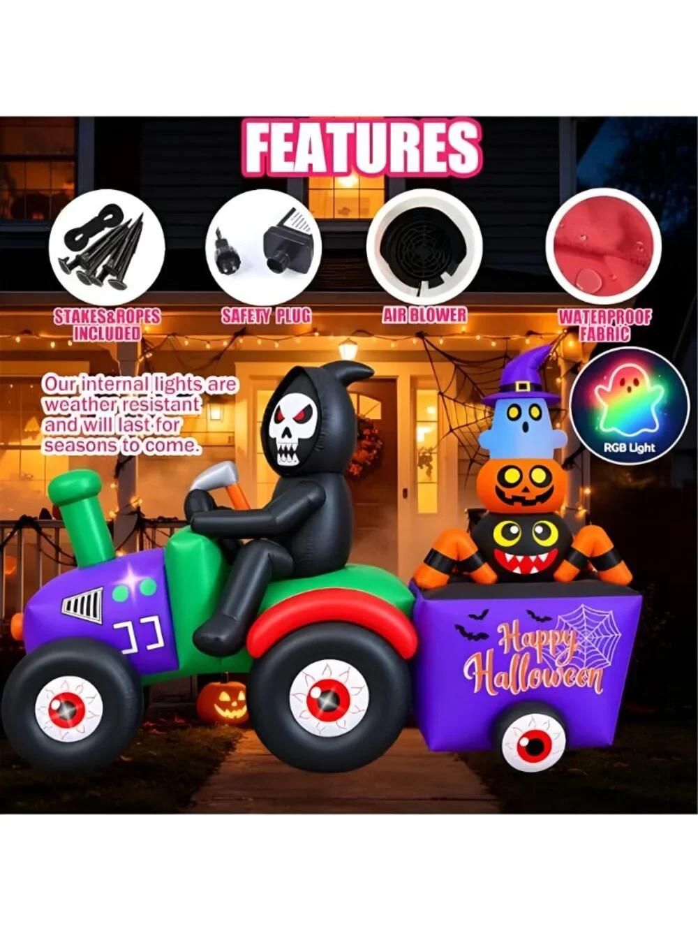 7FT Long Halloween Inflatable Grim Reaper Tractor Trailer Light